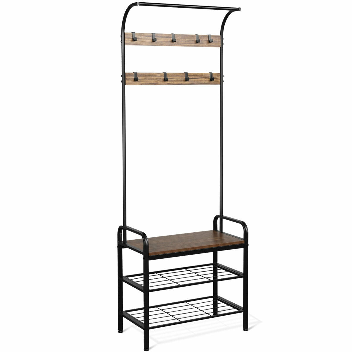 Industrial Entryway Hall Tree with Shoe Bench, Storage Shelves, and 9 Hooks