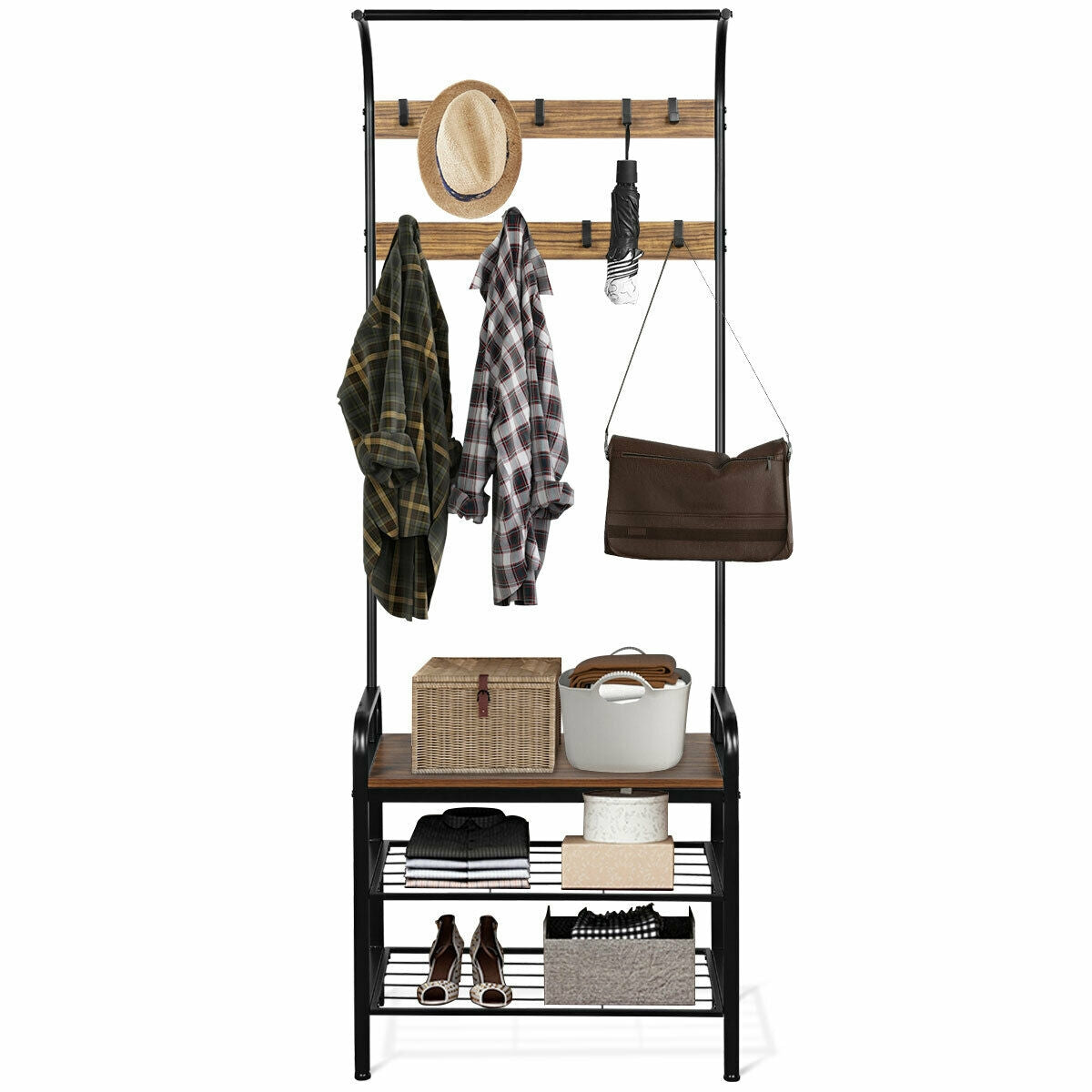 Industrial Entryway Hall Tree with Shoe Bench, Storage Shelves, and 9 Hooks