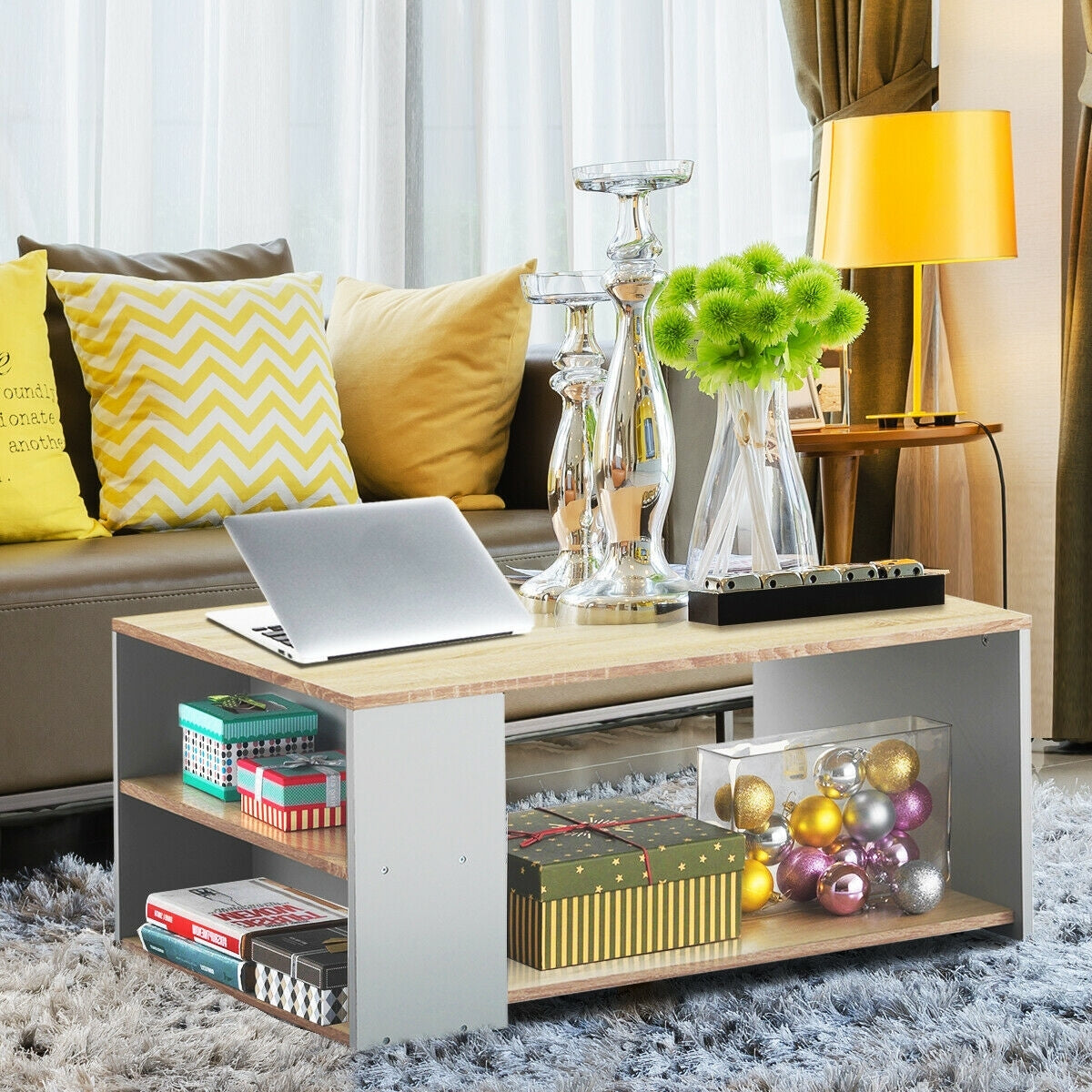 Coffee Table with Multiple Storage Shelves in Natural Finish