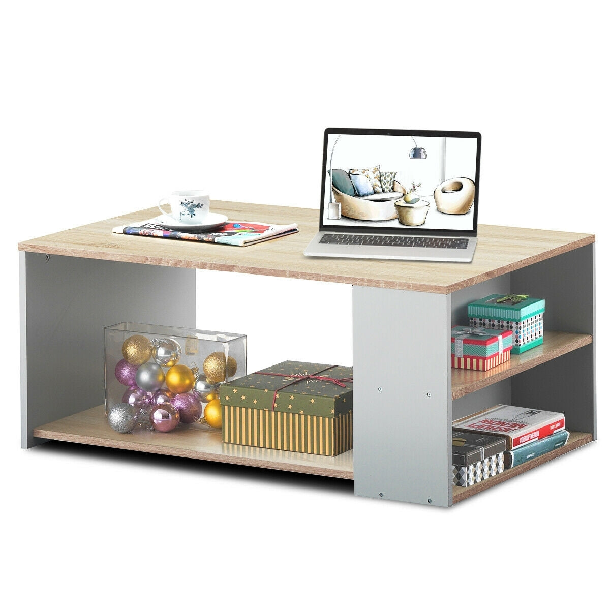 Coffee Table with Multiple Storage Shelves in Natural Finish