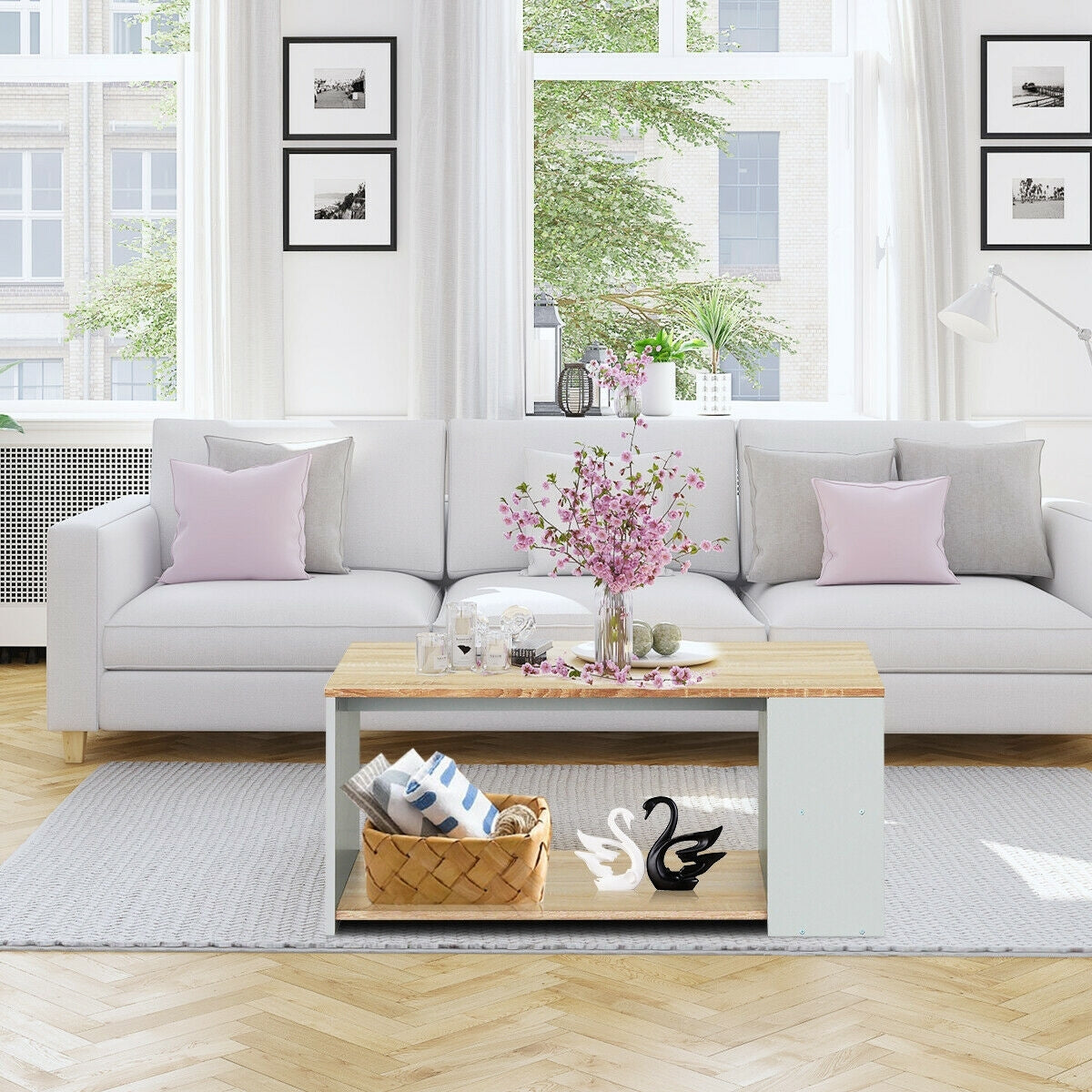 Coffee Table with Multiple Storage Shelves in Natural Finish