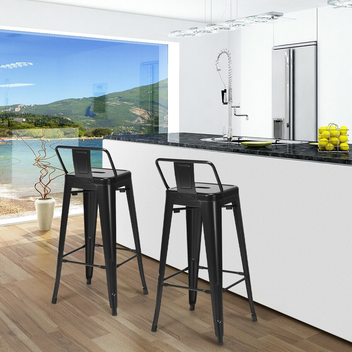 Set of 4 Metal 30 Inch Bar Stools with Low Backrest and Non-Slip Rubber Feet in Black Finish