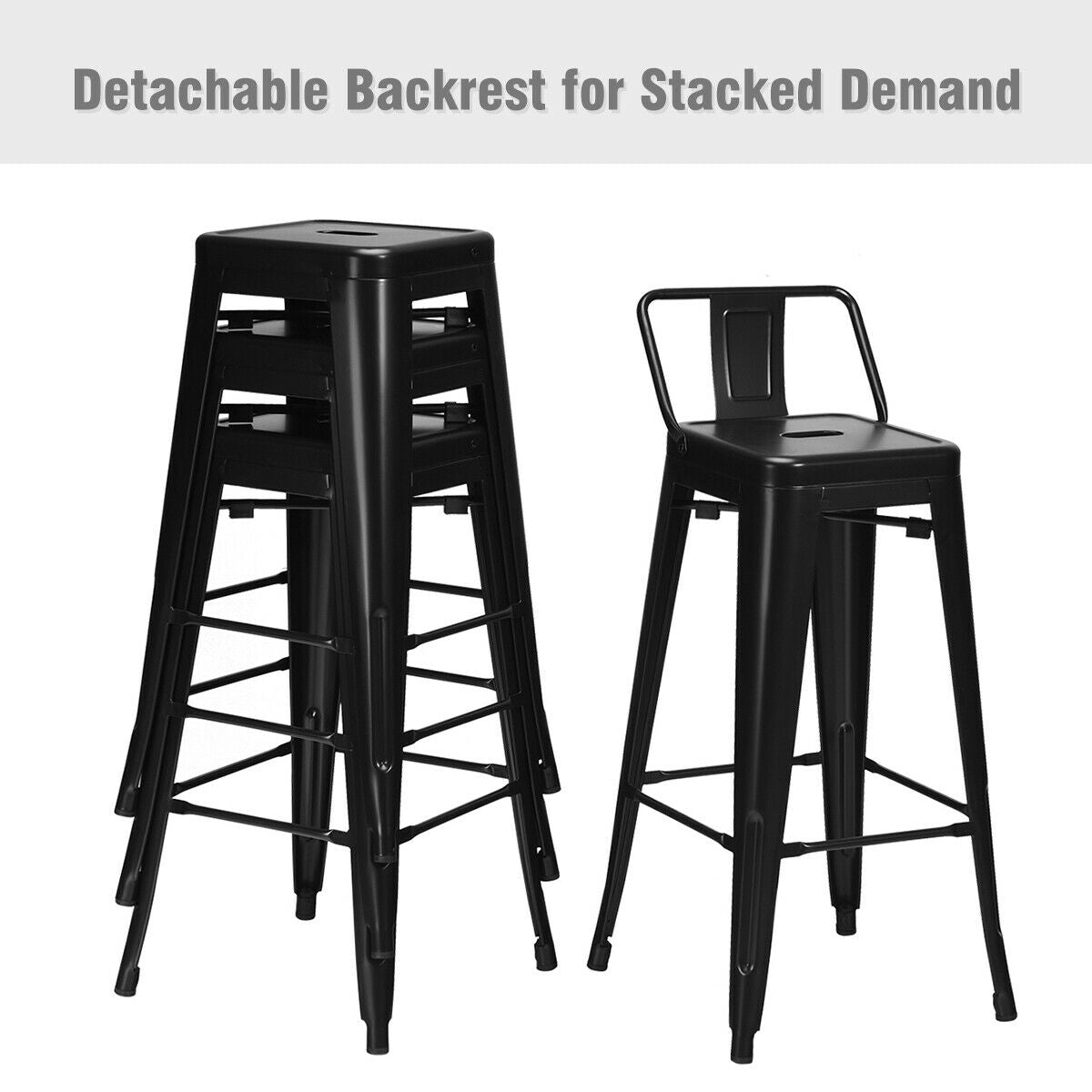 Set of 4 Metal 30 Inch Bar Stools with Low Backrest and Non-Slip Rubber Feet in Black Finish