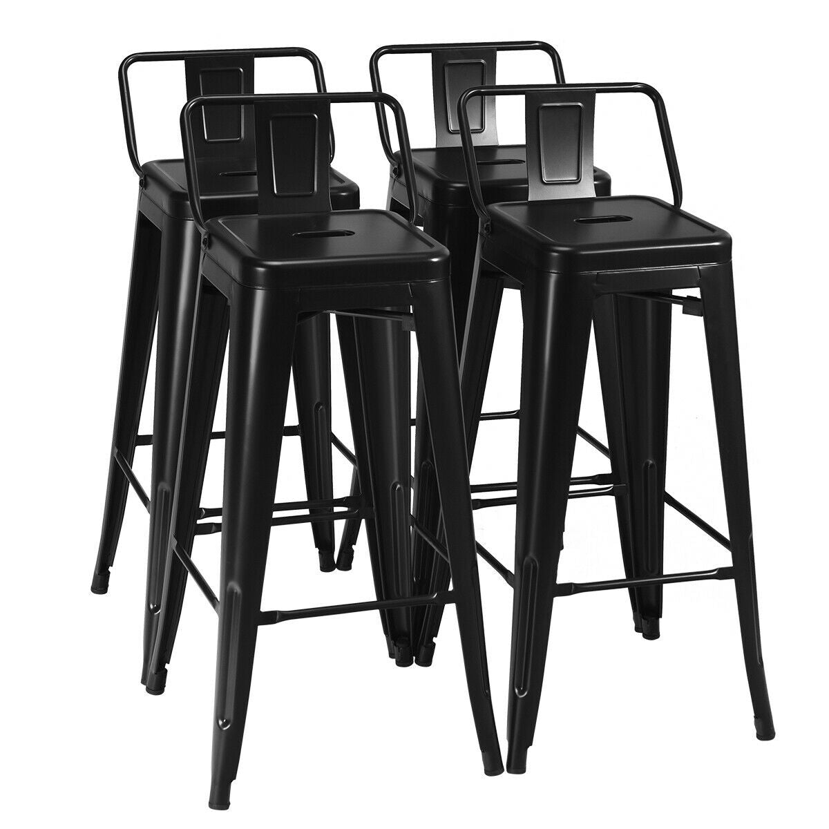 Set of 4 Metal 30 Inch Bar Stools with Low Backrest and Non-Slip Rubber Feet in Black Finish