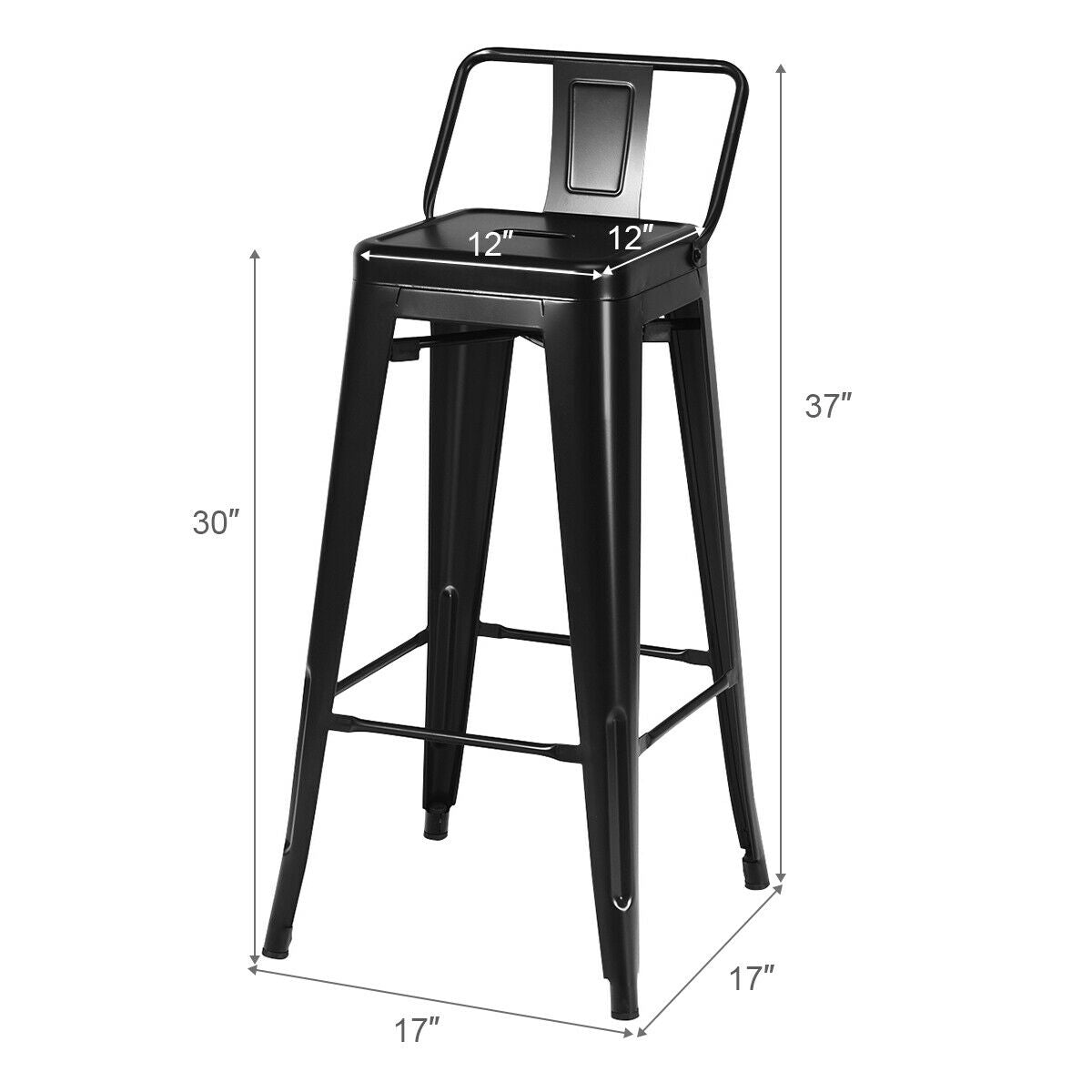 Set of 4 Metal 30 Inch Bar Stools with Low Backrest and Non-Slip Rubber Feet in Black Finish