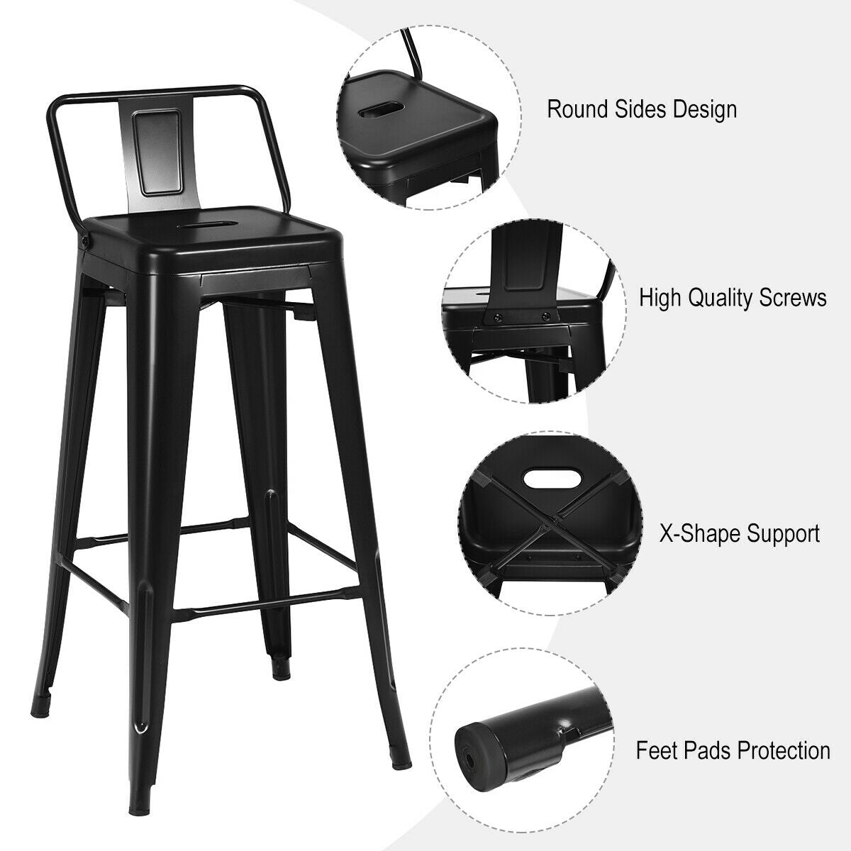 Set of 4 Metal 30 Inch Bar Stools with Low Backrest and Non-Slip Rubber Feet in Black Finish