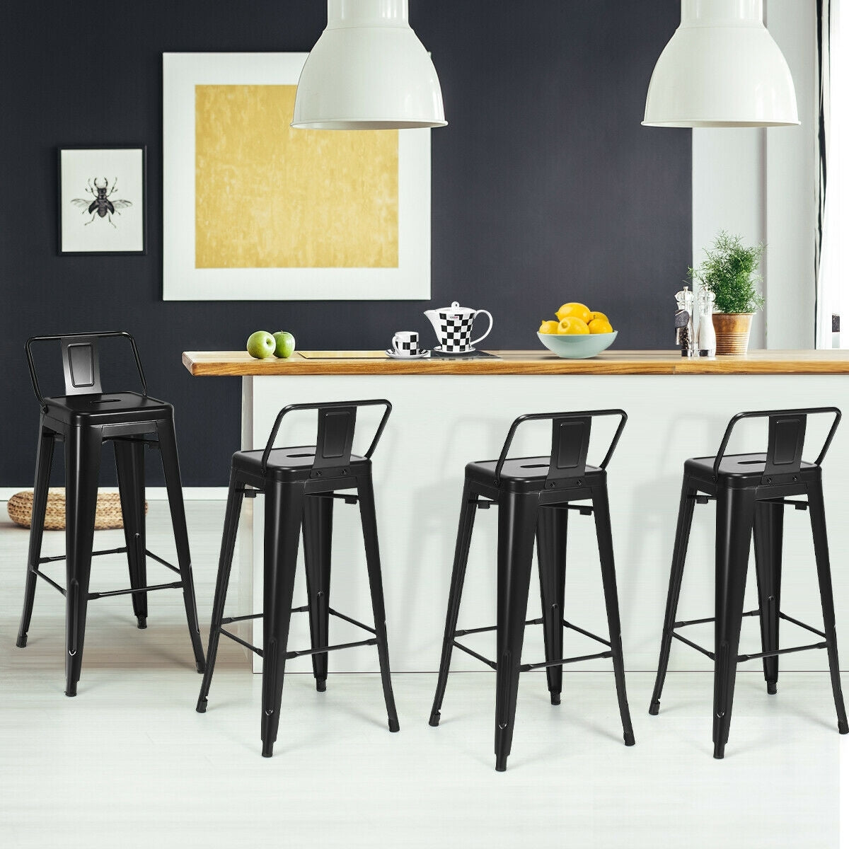 Set of 4 Metal 30 Inch Bar Stools with Low Backrest and Non-Slip Rubber Feet in Black Finish