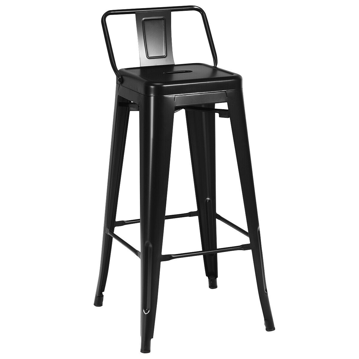 Set of 4 Metal 30 Inch Bar Stools with Low Backrest and Non-Slip Rubber Feet in Black Finish