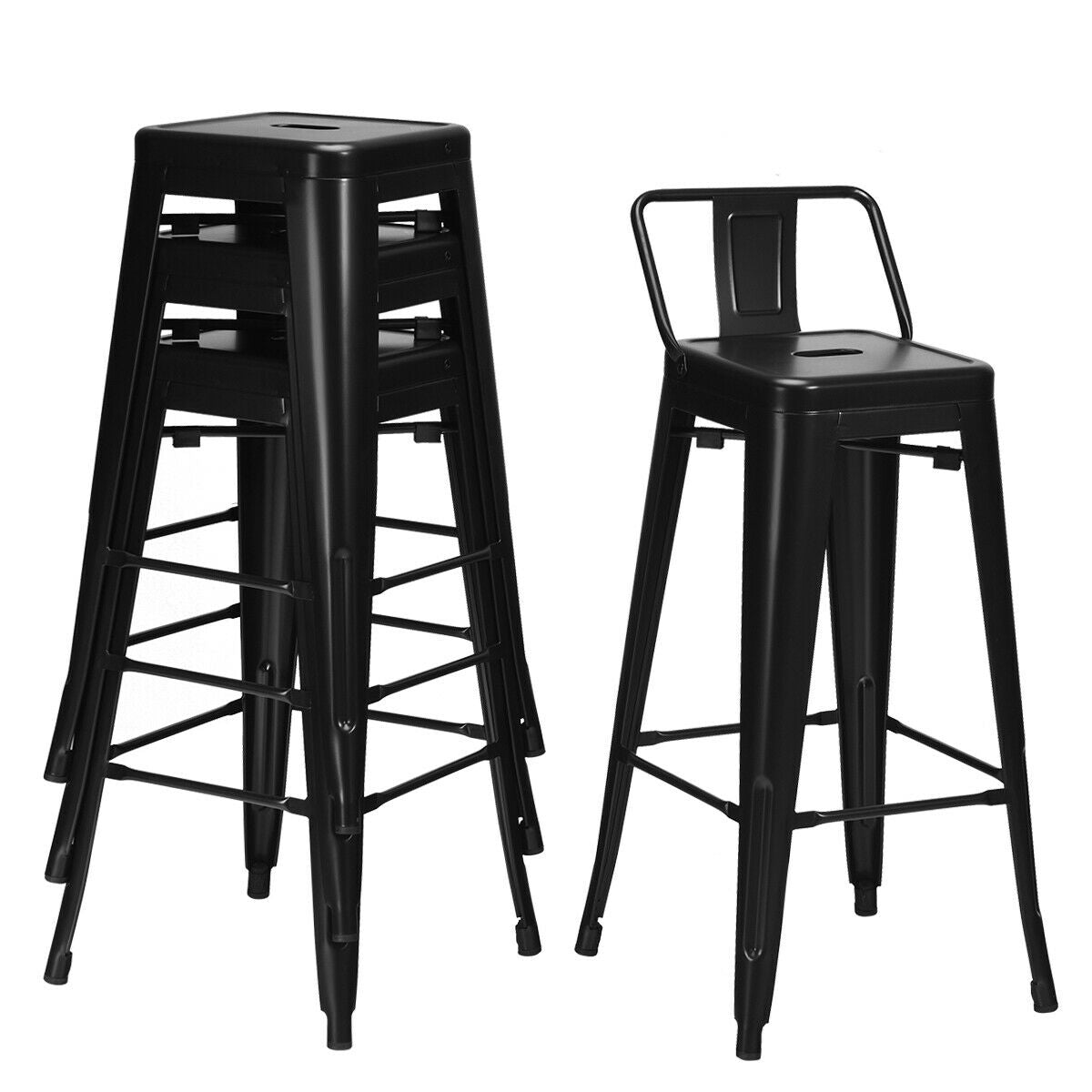 Set of 4 Metal 30 Inch Bar Stools with Low Backrest and Non-Slip Rubber Feet in Black Finish