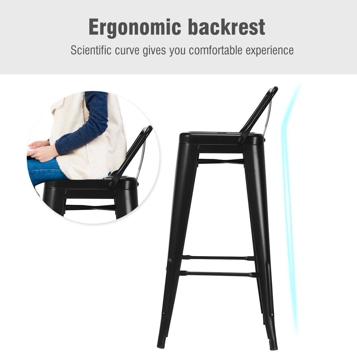 Set of 4 Metal 30 Inch Bar Stools with Low Backrest and Non-Slip Rubber Feet in Black Finish