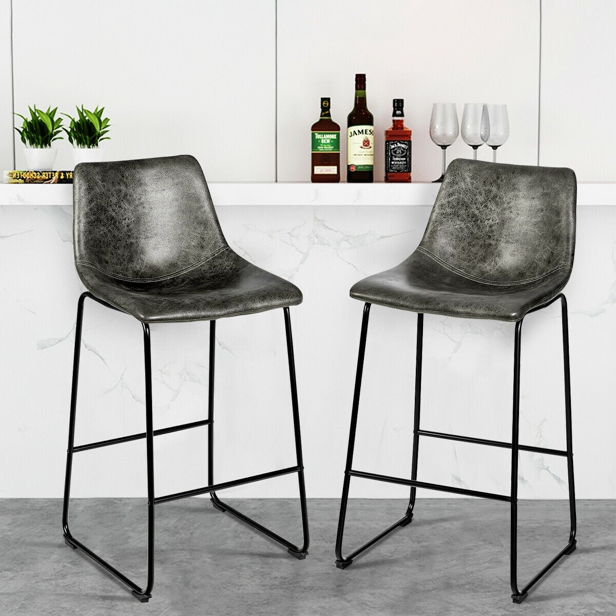 Set of 2 Faux Suede Upholstered Bar Stools with Curved Backrest in Grey