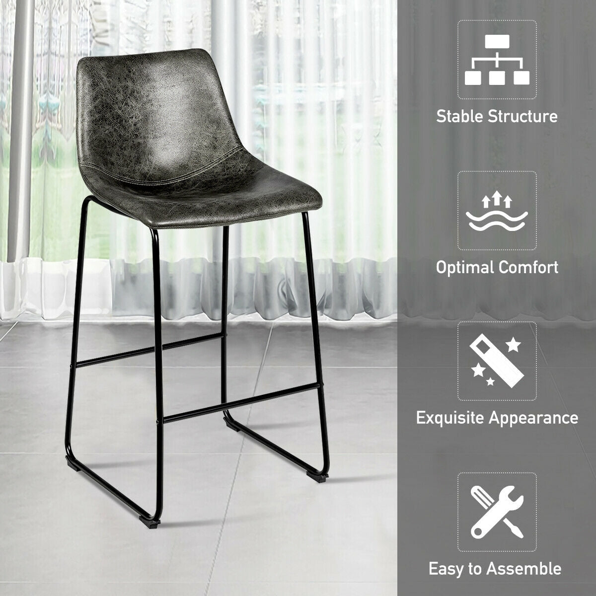 Set of 2 Faux Suede Upholstered Bar Stools with Curved Backrest in Grey