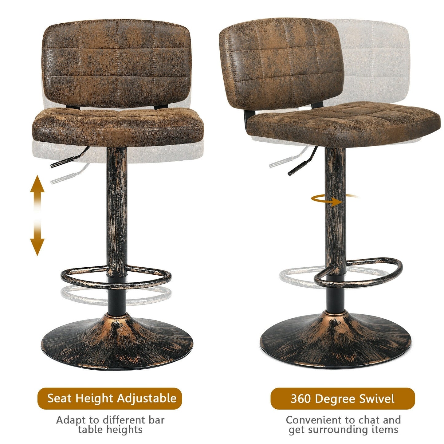 Set of 2 Adjustable Vintage Bar Stools with Swivel Seats and Footrests