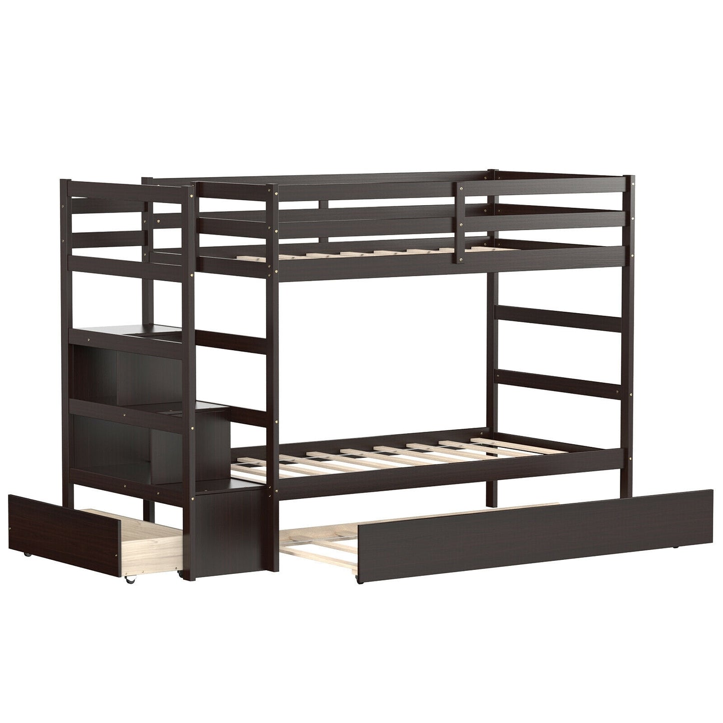 Space-Saving Twin Over Twin Bunk Bed with Storage Shelf and Drawer - Dark Brown