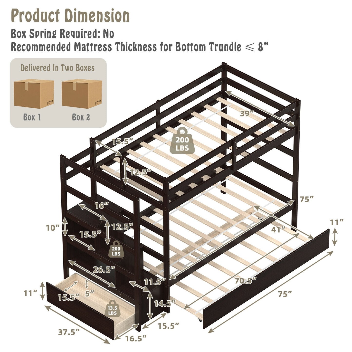 Space-Saving Twin Over Twin Bunk Bed with Storage Shelf and Drawer - Dark Brown