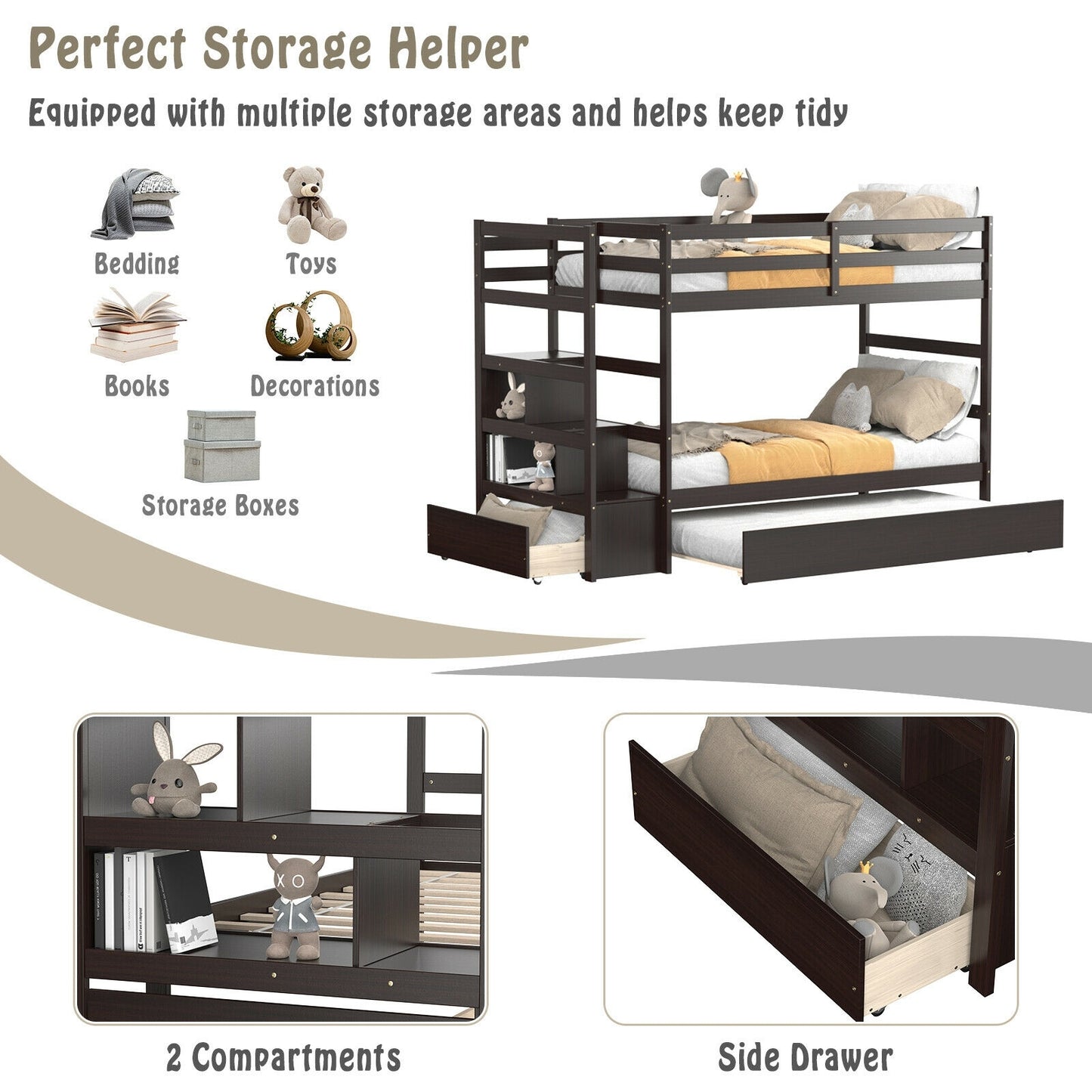 Space-Saving Twin Over Twin Bunk Bed with Storage Shelf and Drawer - Dark Brown