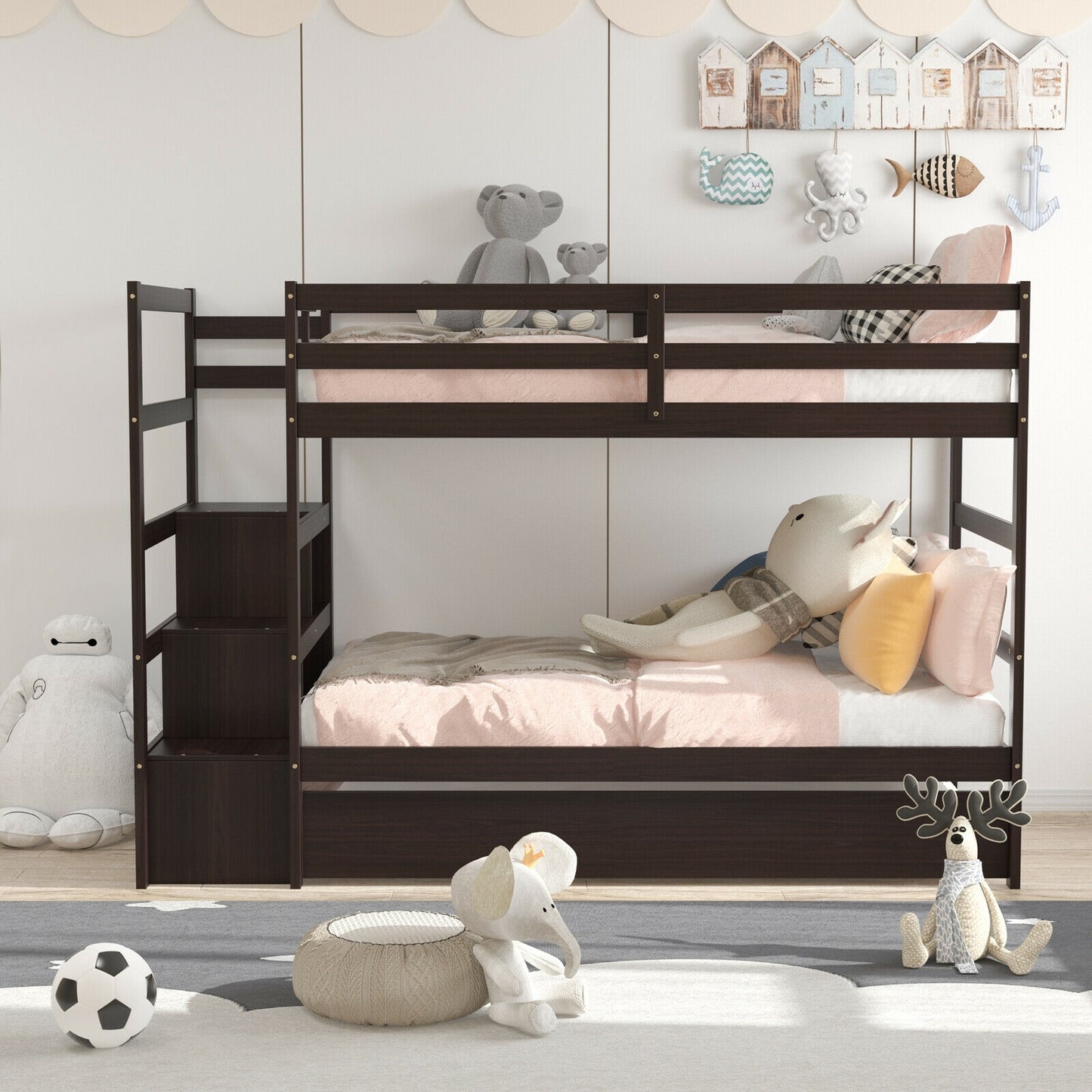Space-Saving Twin Over Twin Bunk Bed with Storage Shelf and Drawer - Dark Brown
