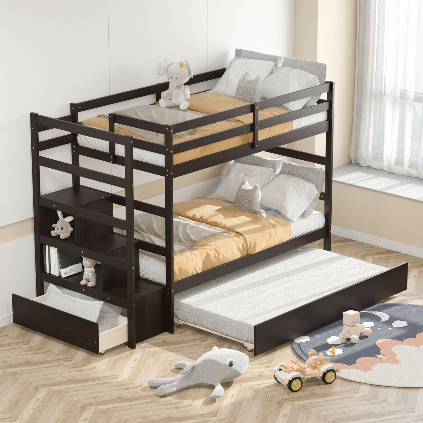 Space-Saving Twin Over Twin Bunk Bed with Storage Shelf and Drawer - Dark Brown