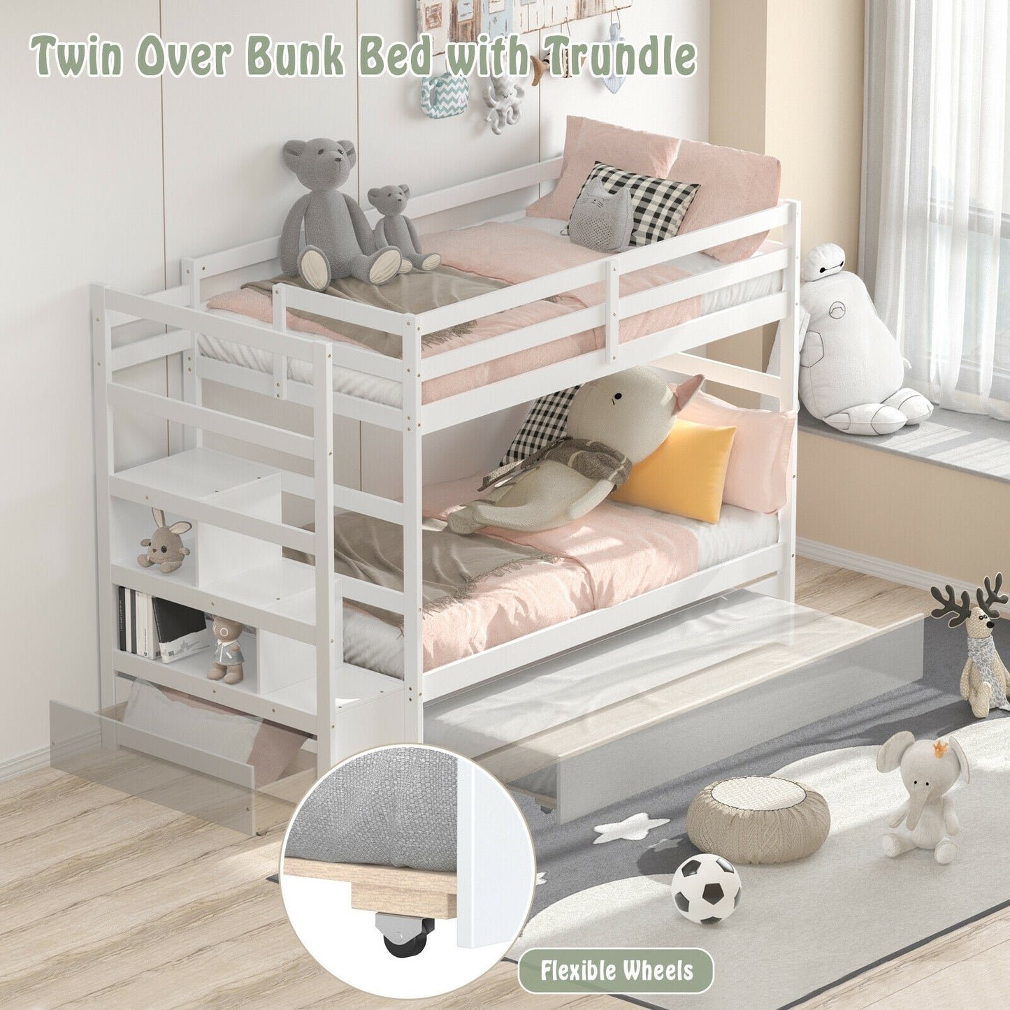 Space-Saving Twin Over Twin Bunk Bed with Storage Shelf and Drawer - White