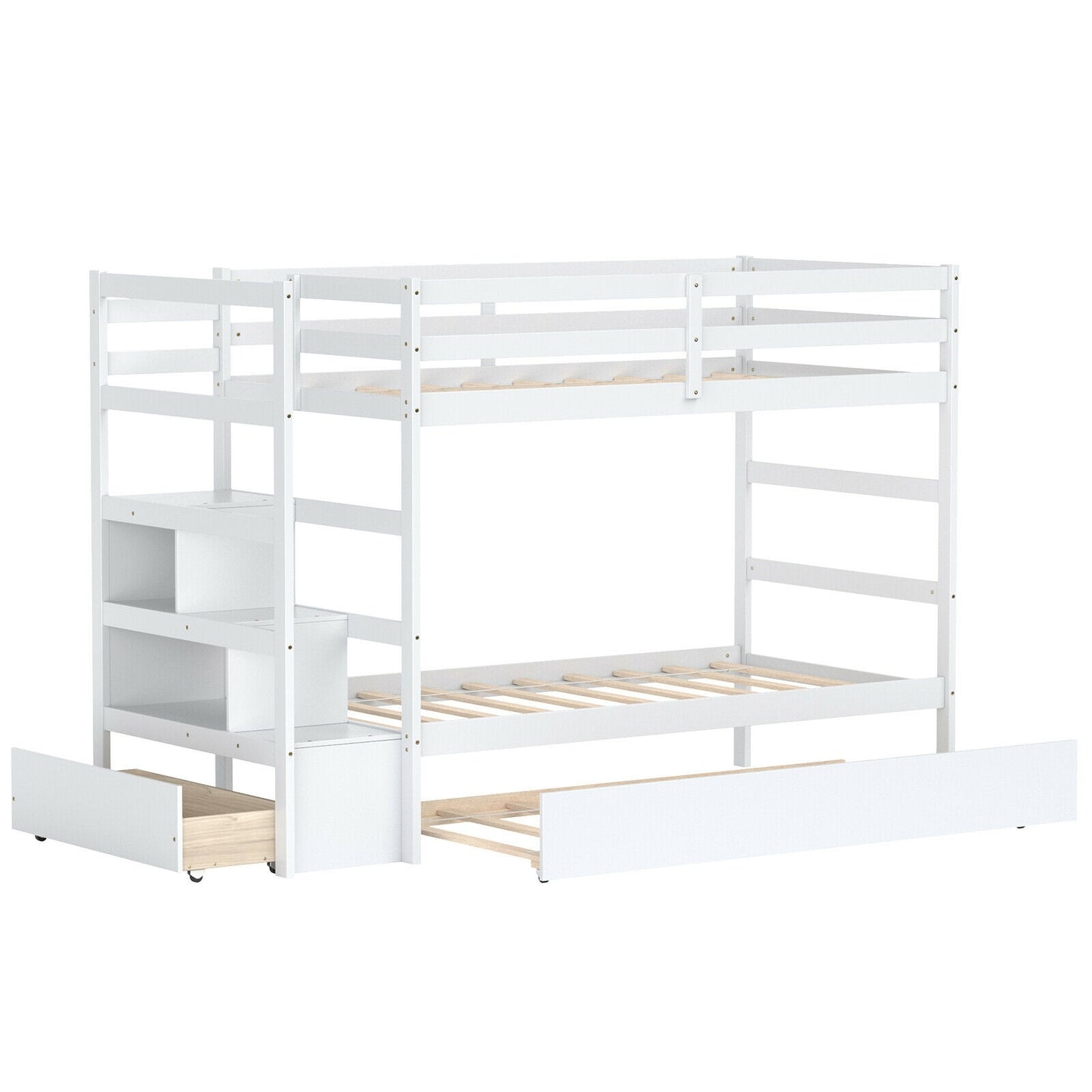 Space-Saving Twin Over Twin Bunk Bed with Storage Shelf and Drawer - White