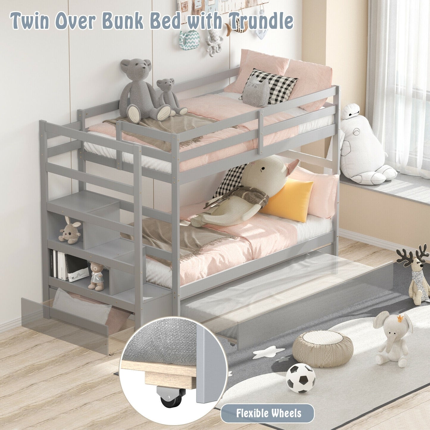 Space-Saving Twin Over Twin Bunk Bed with Storage Shelf and Drawer - Light Grey
