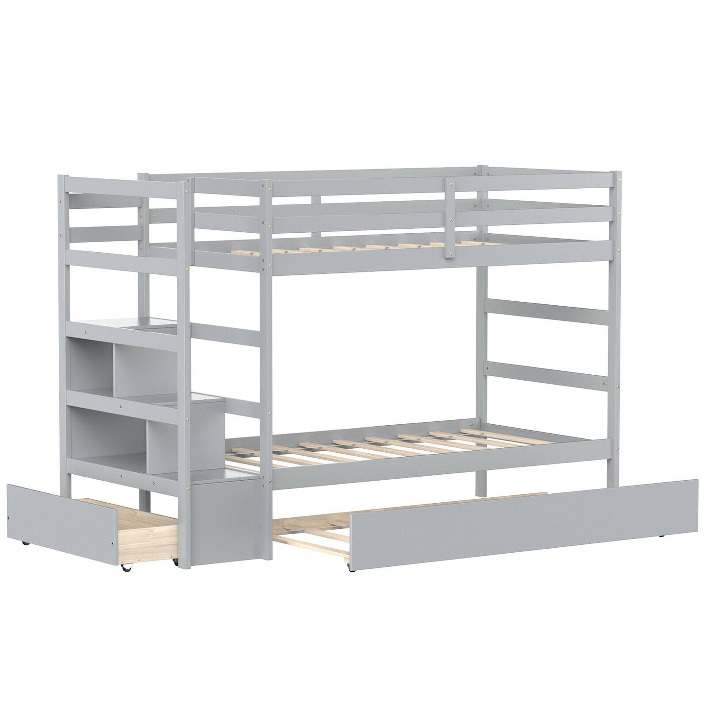 Space-Saving Twin Over Twin Bunk Bed with Storage Shelf and Drawer - Light Grey
