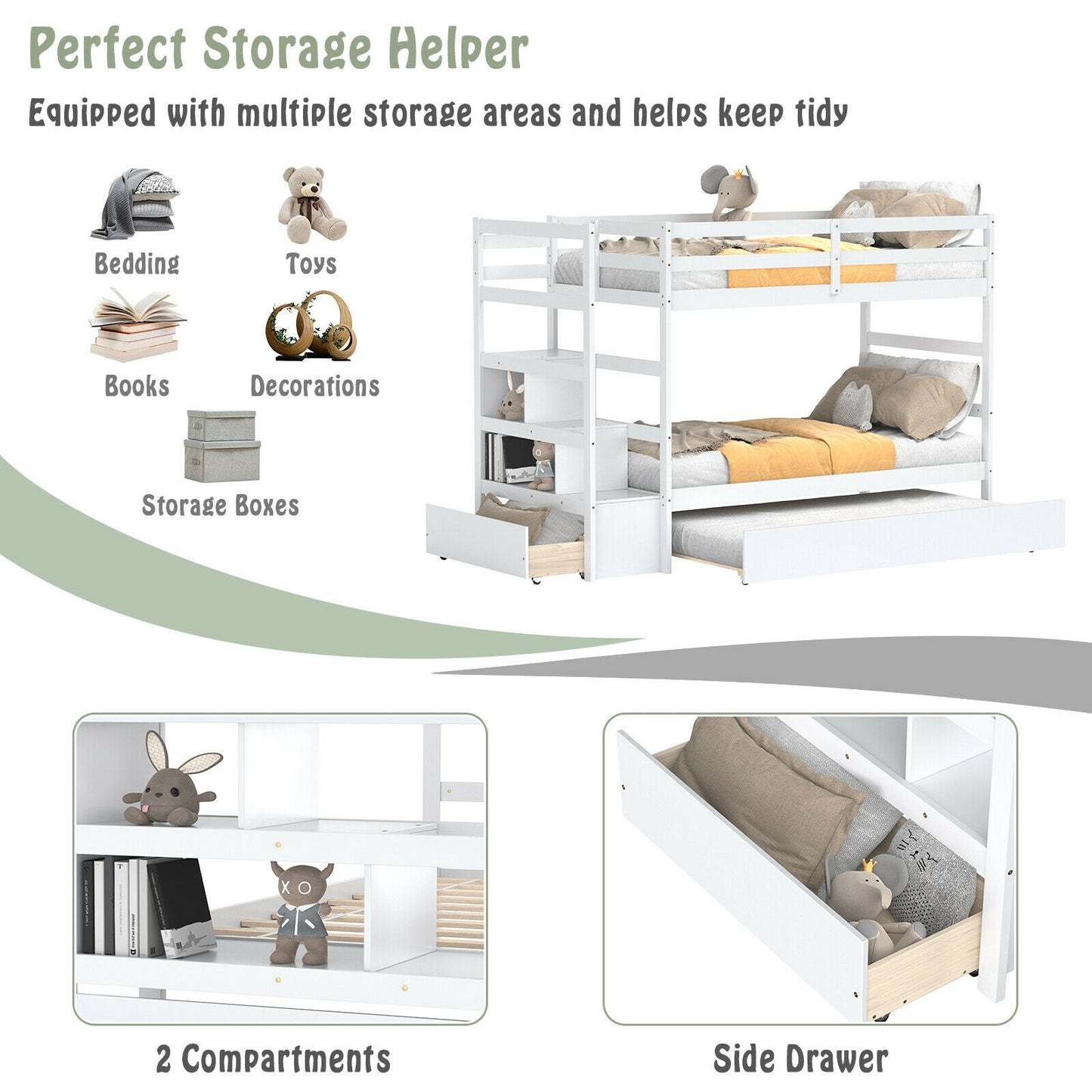 Space-Saving Twin Over Twin Bunk Bed with Storage Shelf and Drawer - White