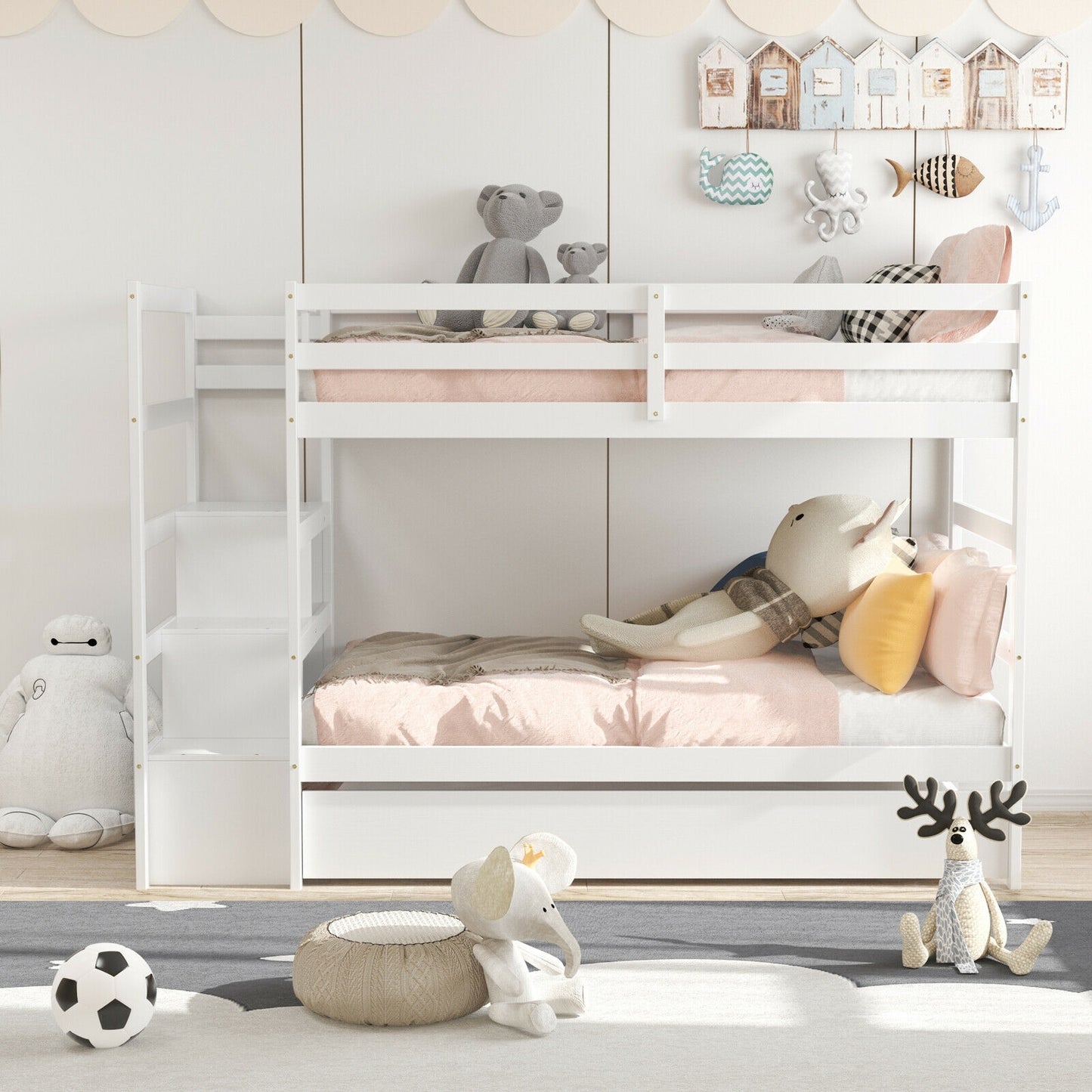 Space-Saving Twin Over Twin Bunk Bed with Storage Shelf and Drawer - White