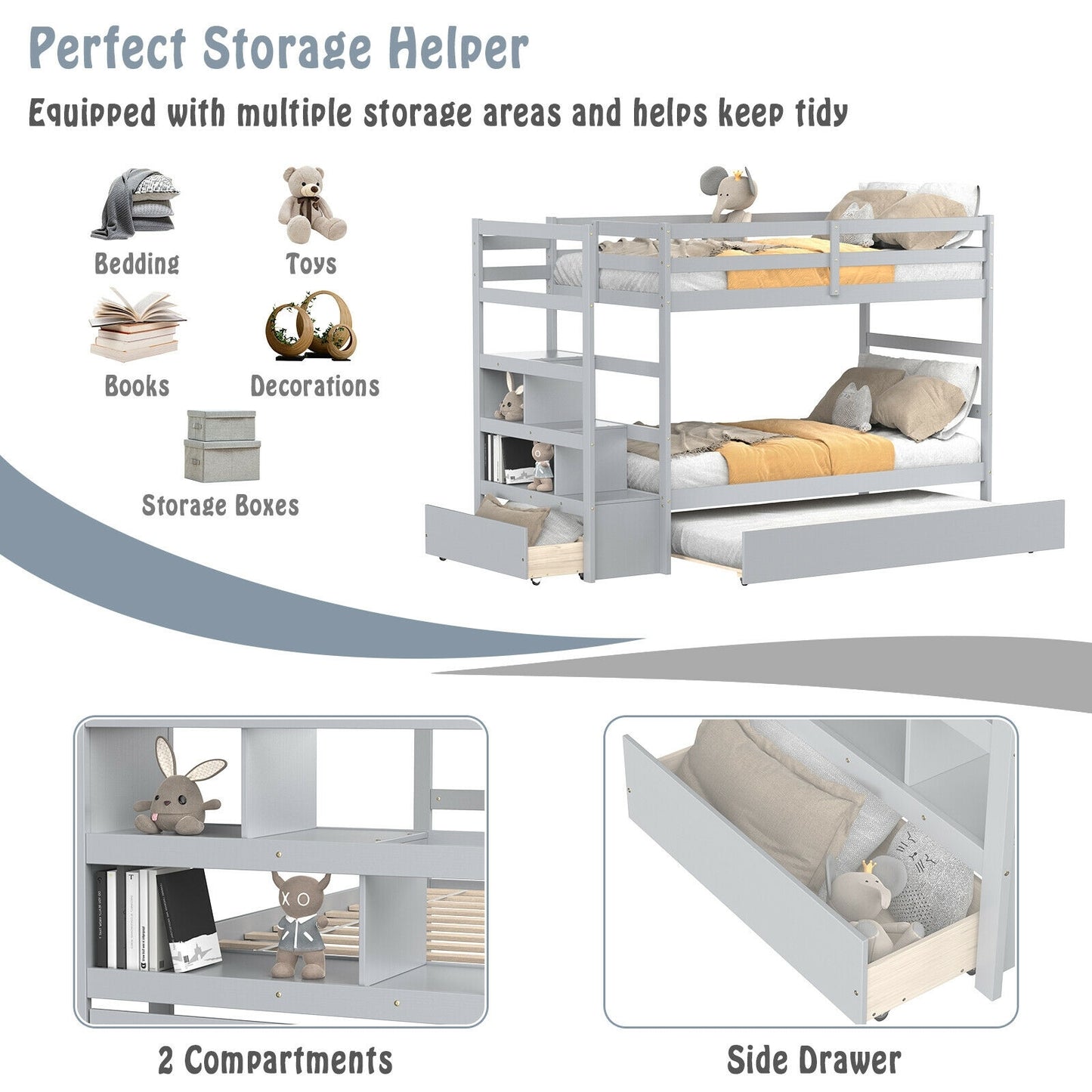 Space-Saving Twin Over Twin Bunk Bed with Storage Shelf and Drawer - Light Grey