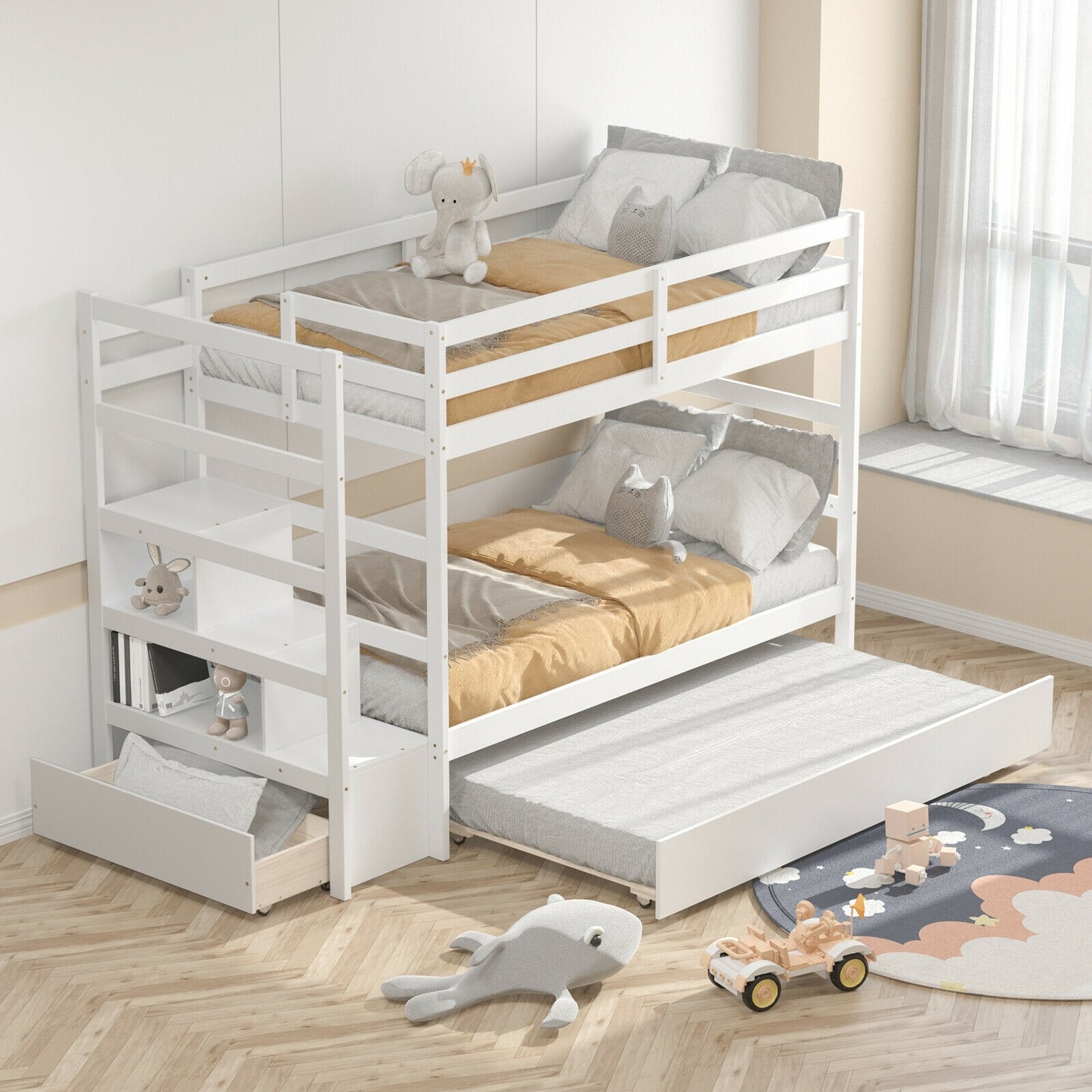 Space-Saving Twin Over Twin Bunk Bed with Storage Shelf and Drawer - White