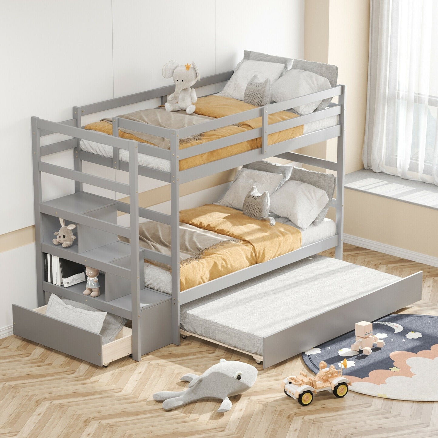 Space-Saving Twin Over Twin Bunk Bed with Storage Shelf and Drawer - Light Grey