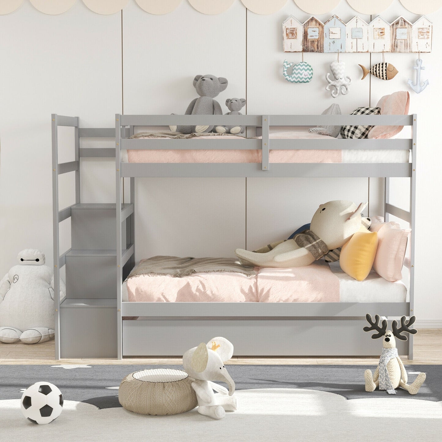 Space-Saving Twin Over Twin Bunk Bed with Storage Shelf and Drawer - Light Grey
