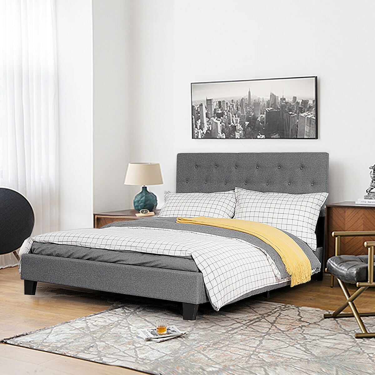 Exquisite Full Size Upholstered Platform Bed with Elegant Linen-Tufted Headboard