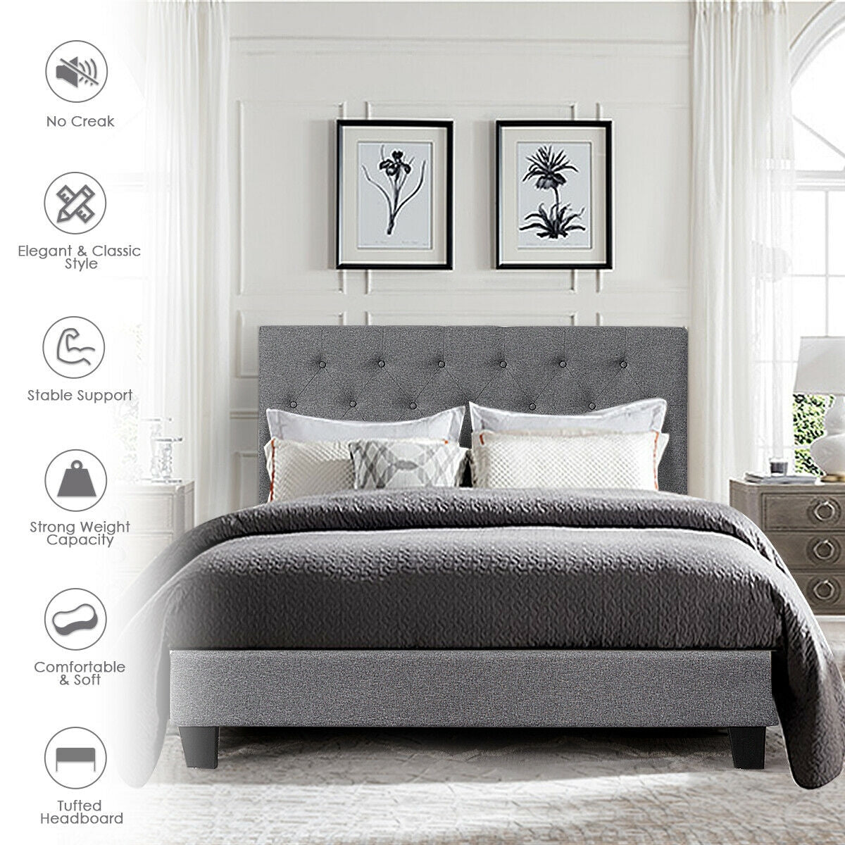 Exquisite Full Size Upholstered Platform Bed with Elegant Linen-Tufted Headboard