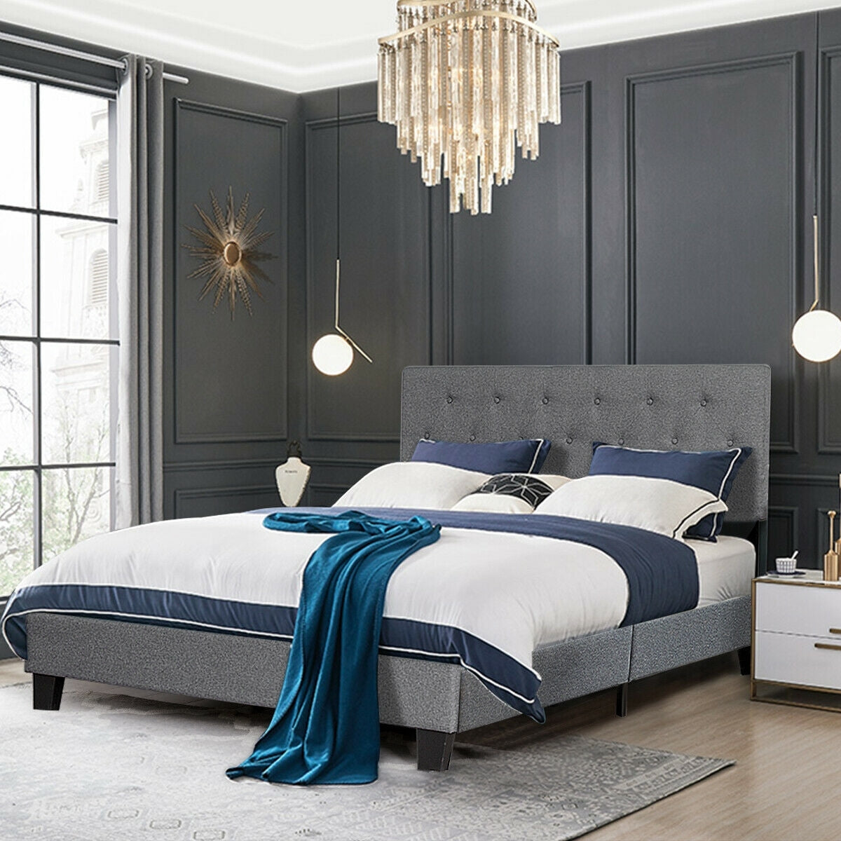 Exquisite Full Size Upholstered Platform Bed with Elegant Linen-Tufted Headboard