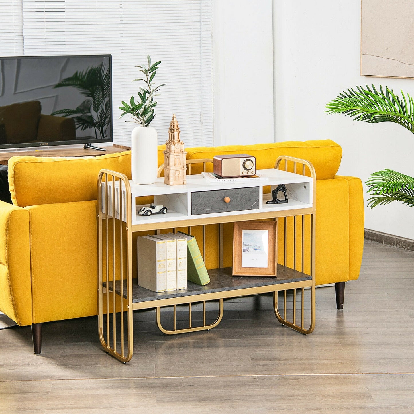 Wide Console Table with Storage Drawer and Open Shelf for Entryway or Living Room