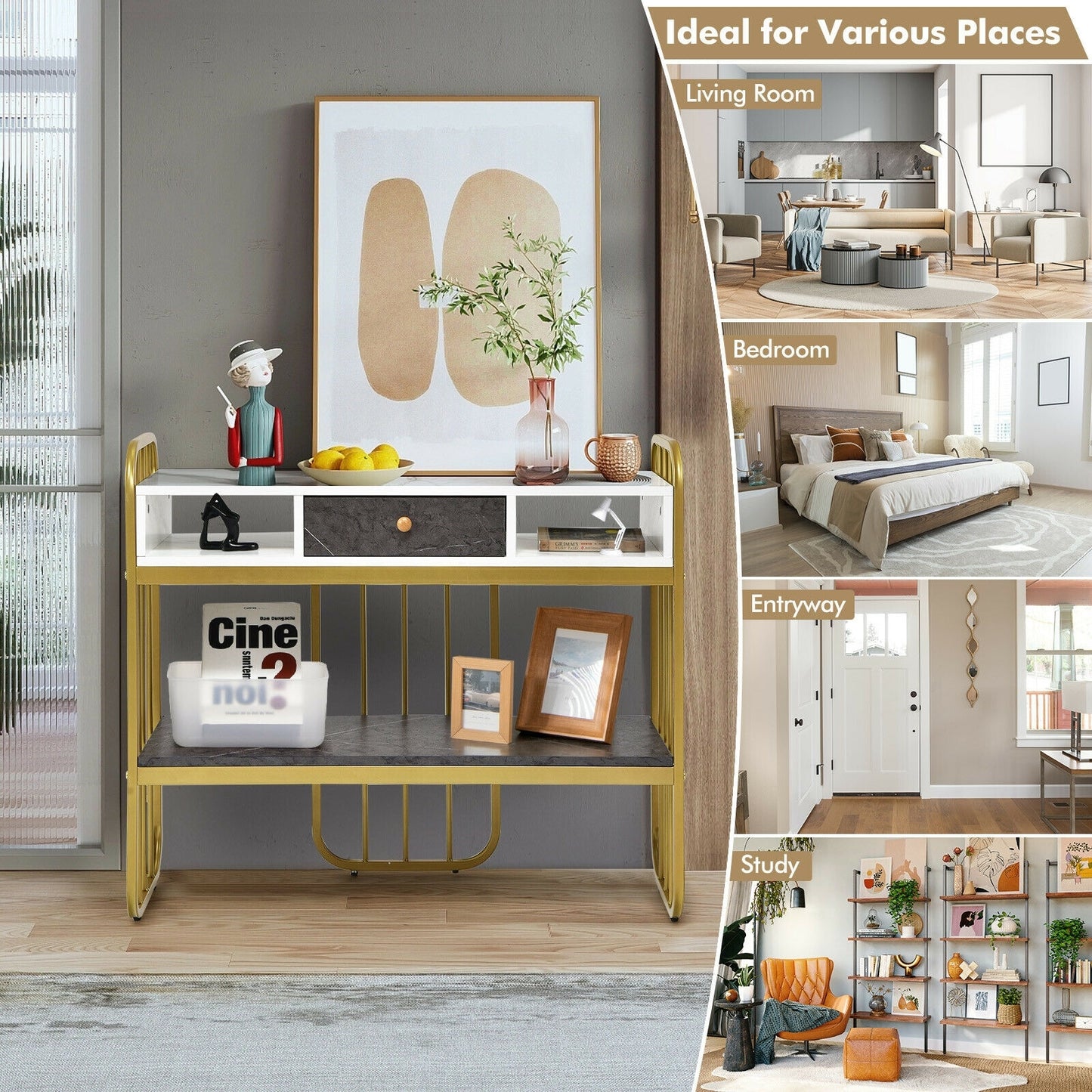 Wide Console Table with Storage Drawer and Open Shelf for Entryway or Living Room