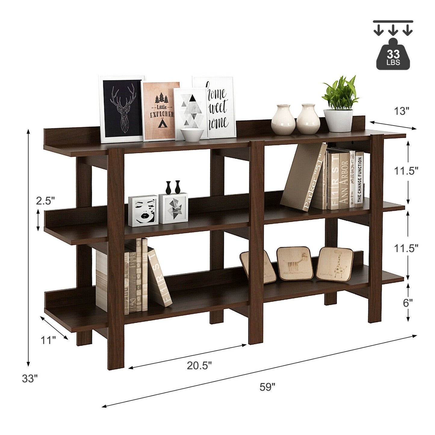 3 Tier 59 Inch Console Table with Open Shelves for Entryway Hallway and Foyer