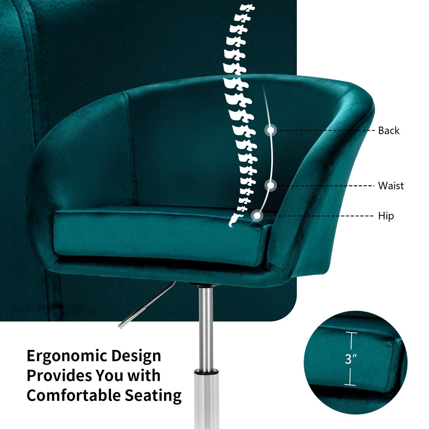 360 Degree Swivel Velvet Vanity Chair with Round Backrest and Metal Base in Green