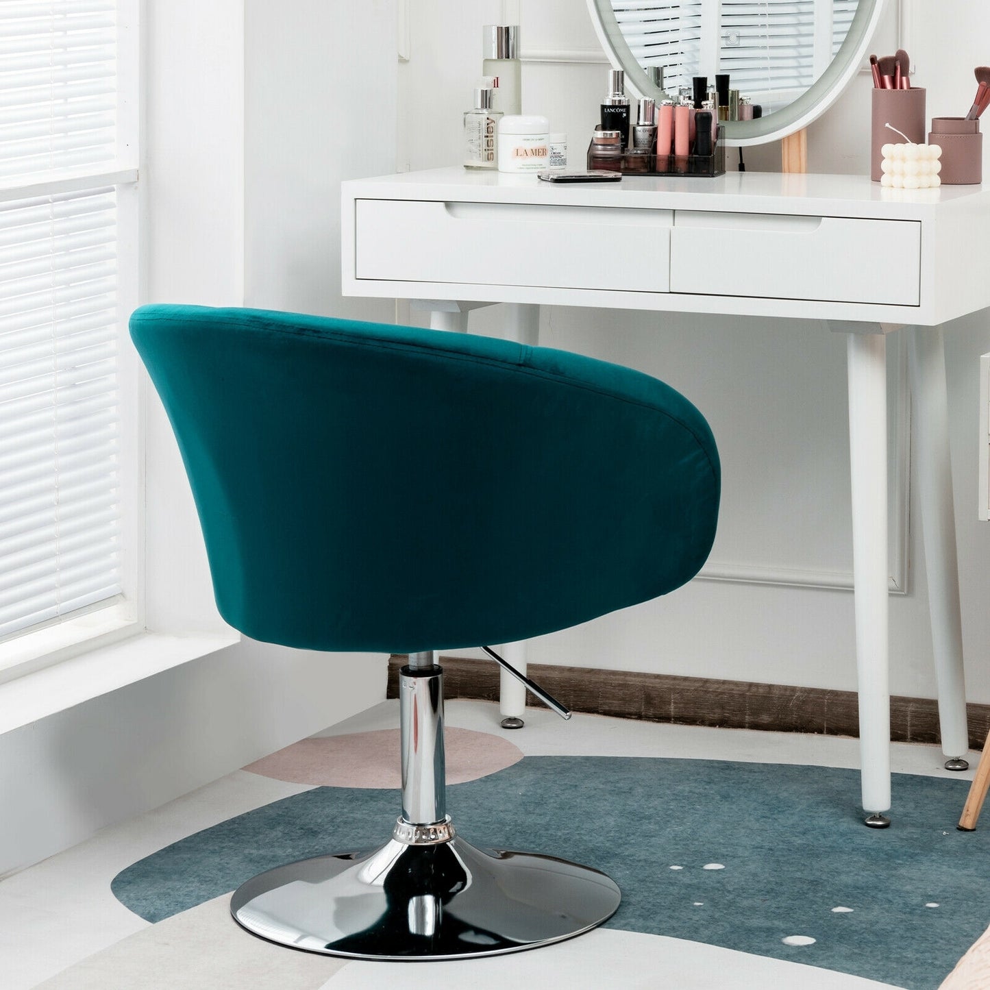 360 Degree Swivel Velvet Vanity Chair with Round Backrest and Metal Base in Green
