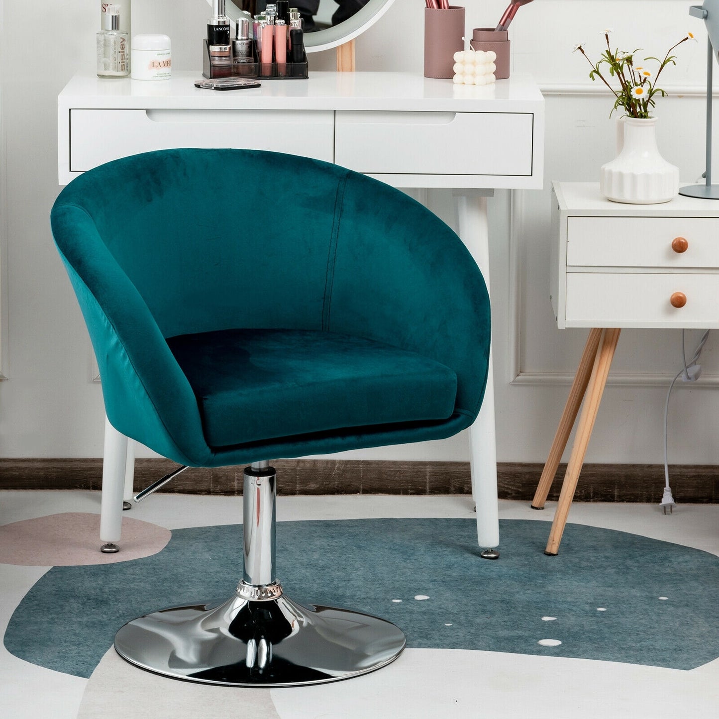 360 Degree Swivel Velvet Vanity Chair with Round Backrest and Metal Base in Green