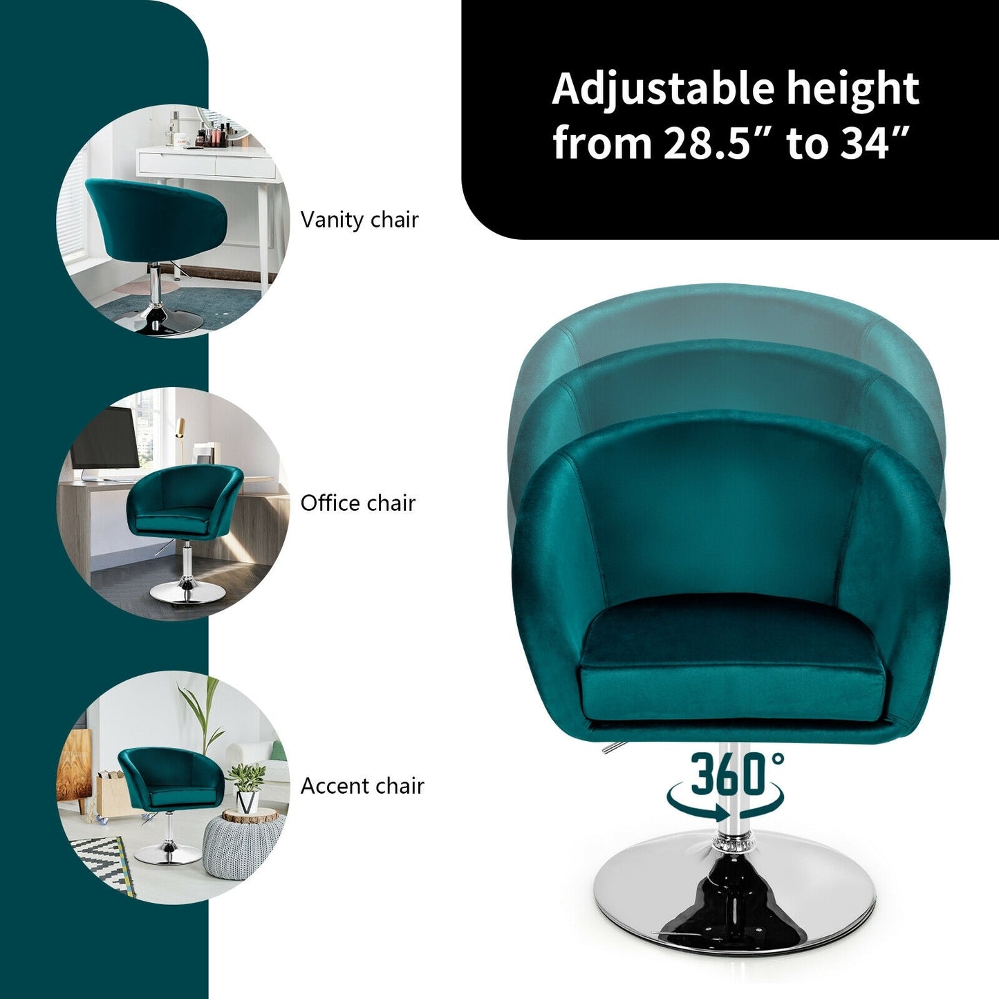 360 Degree Swivel Velvet Vanity Chair with Round Backrest and Metal Base in Green