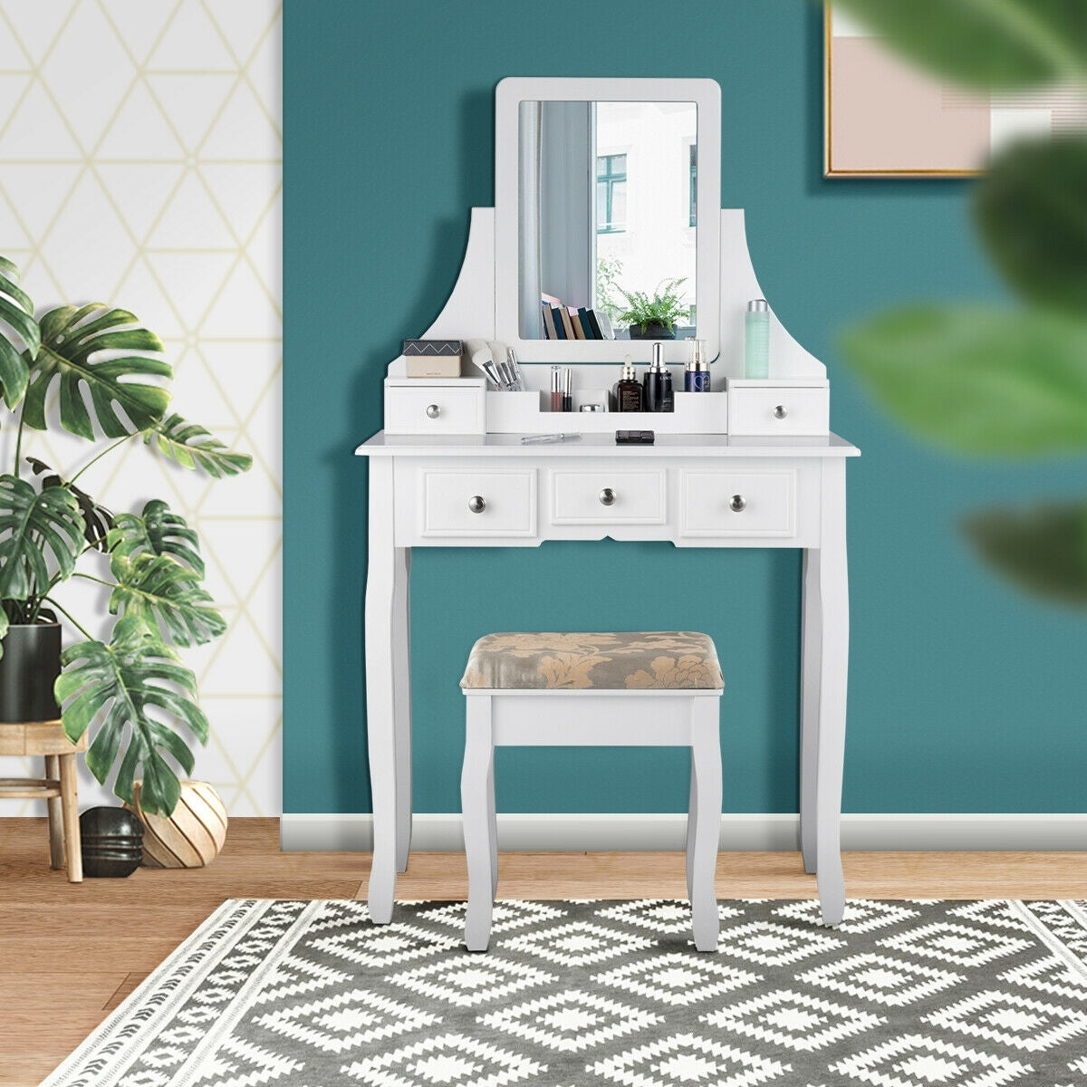 Makeup Vanity Set with 5 Drawers, Rotating Mirror, Removable Organizer, and Padded Stool – White