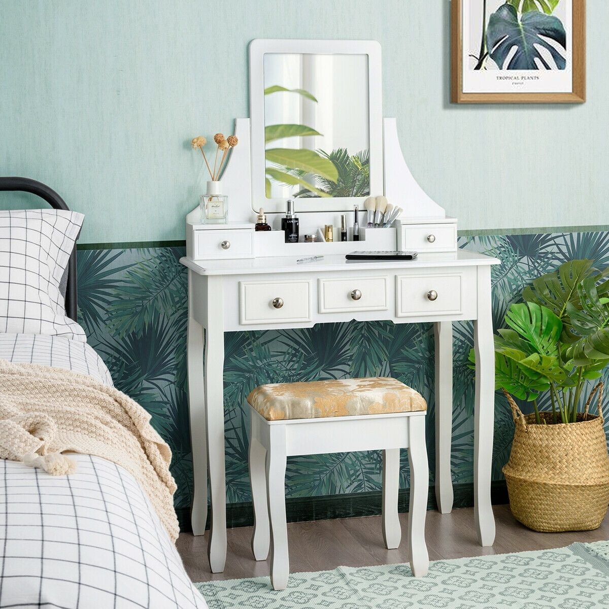 Makeup Vanity Set with 5 Drawers, Rotating Mirror, Removable Organizer, and Padded Stool – White