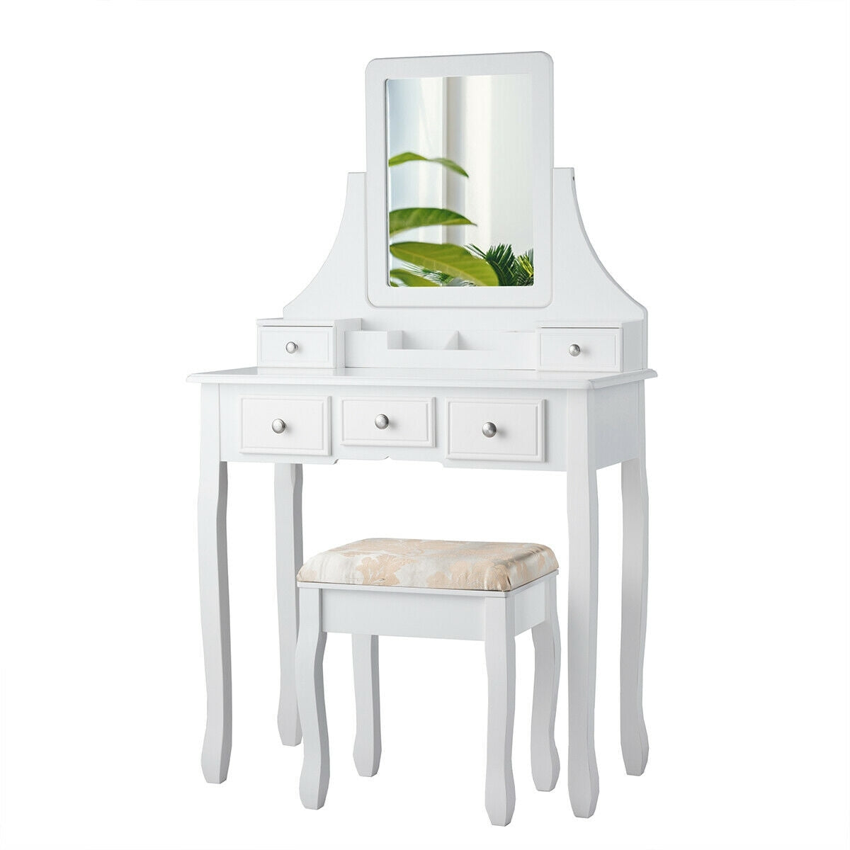 Makeup Vanity Set with 5 Drawers, Rotating Mirror, Removable Organizer, and Padded Stool – White