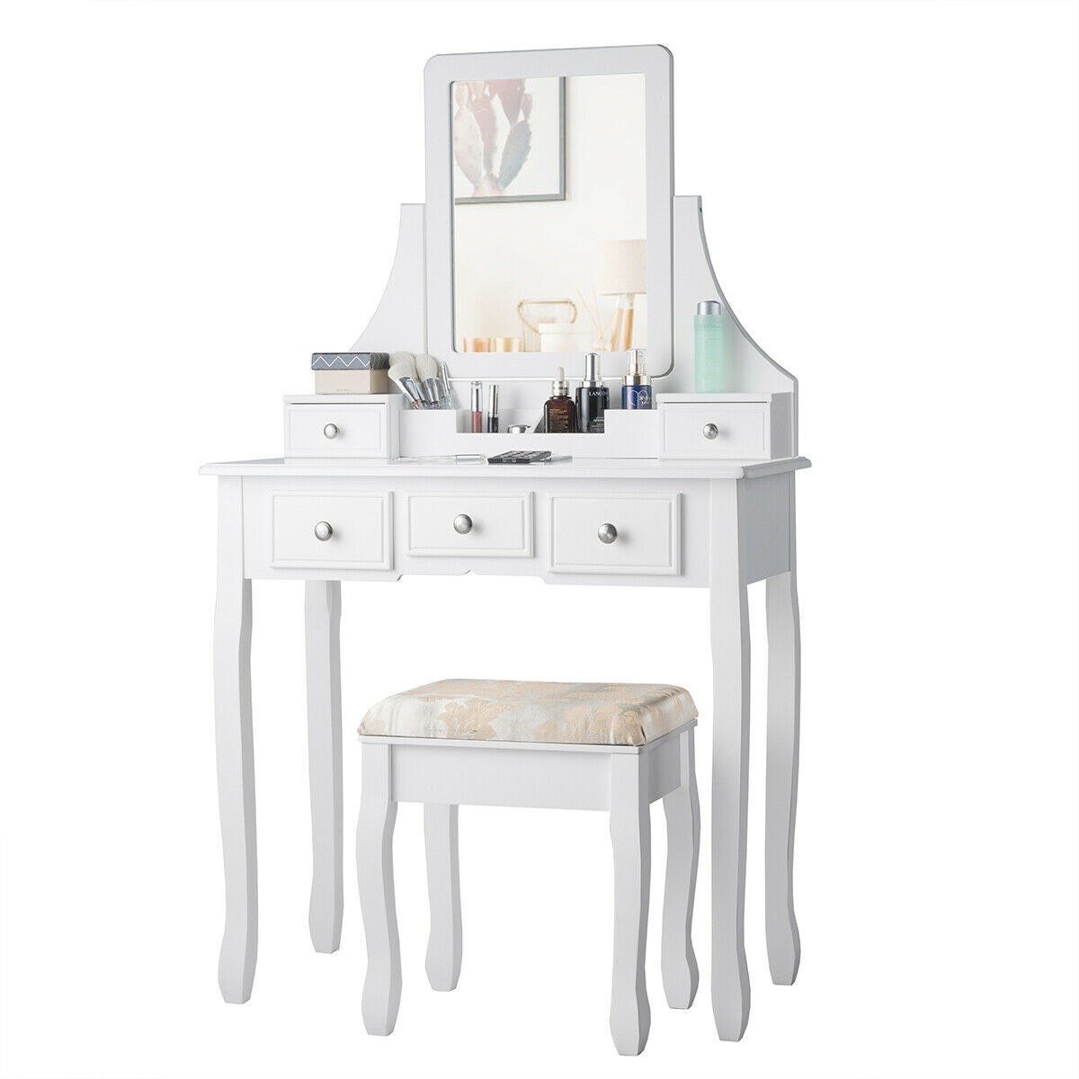 Makeup Vanity Set with 5 Drawers, Rotating Mirror, Removable Organizer, and Padded Stool – White