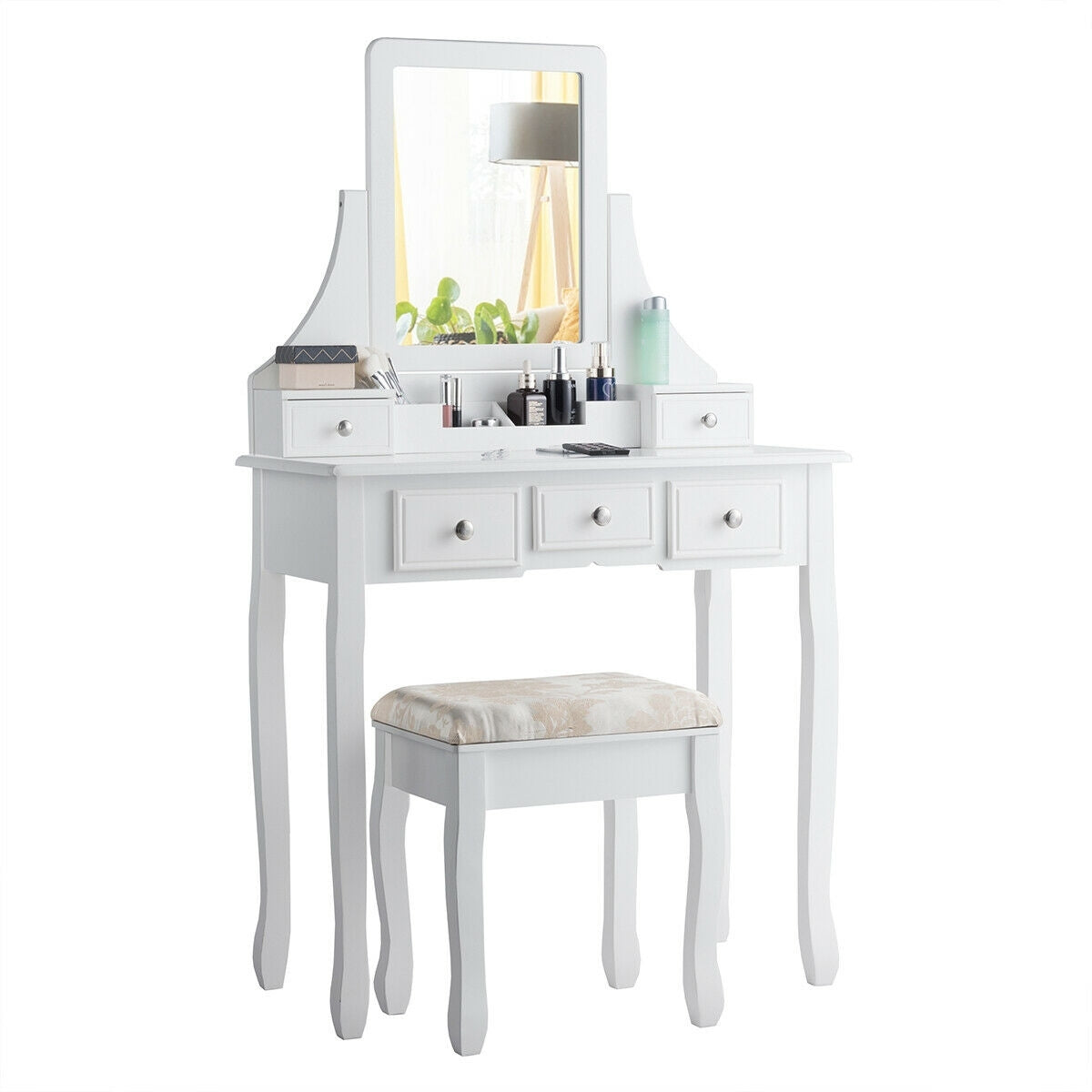 Makeup Vanity Set with 5 Drawers, Rotating Mirror, Removable Organizer, and Padded Stool – White