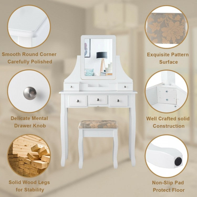 Makeup Vanity Set with 5 Drawers, Rotating Mirror, Removable Organizer, and Padded Stool – White