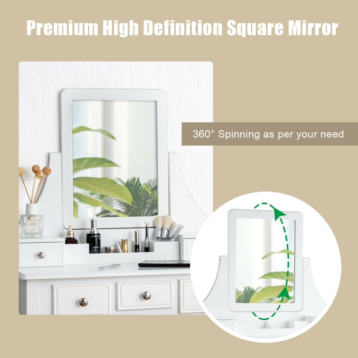 Makeup Vanity Set with 5 Drawers, Rotating Mirror, Removable Organizer, and Padded Stool – White