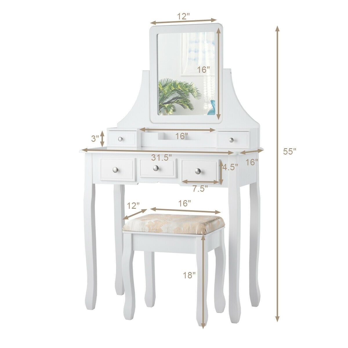 Makeup Vanity Set with 5 Drawers, Rotating Mirror, Removable Organizer, and Padded Stool – White